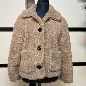 Zara Tan Fleece Cropped Winter Jacket w/Pockets & Buttons. Size Small